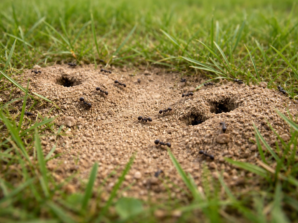 Gros plan d’une pelouse avec terre nue et petits monticules, quelques fourmis visibles pour repérer les signes.
