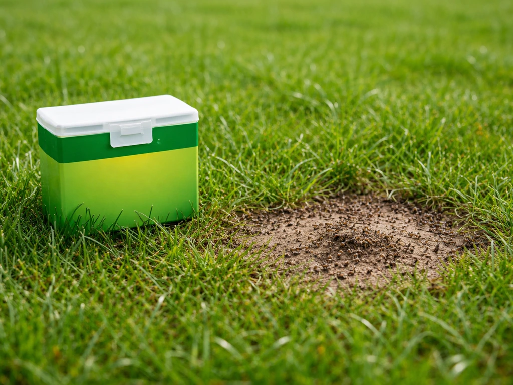 Boîte de granulés insecticides posée au bord d’une zone de fourmis dans une pelouse, humidité fraîche après arrosage.