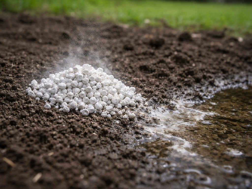 Grains de chaux vive près d’une terre humide, illustrant la réaction au contact de l’eau du sol.
