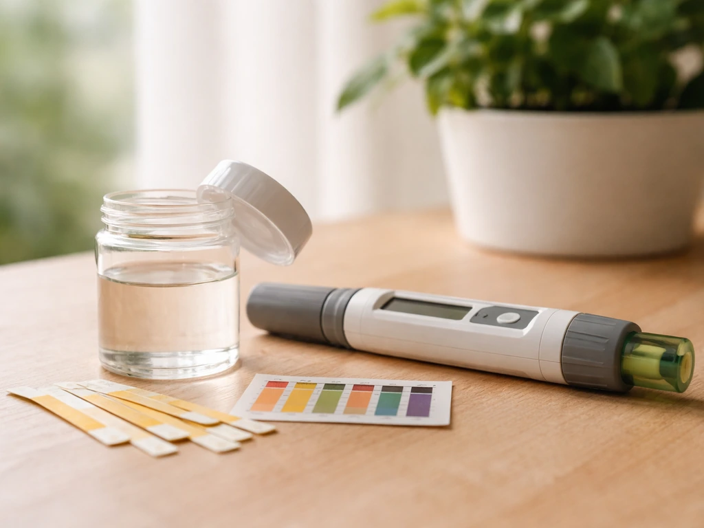 Un kit de test pH colorimétrique ouvert et un pH-mètre électronique posés sur une table près d’un pot de jardin.