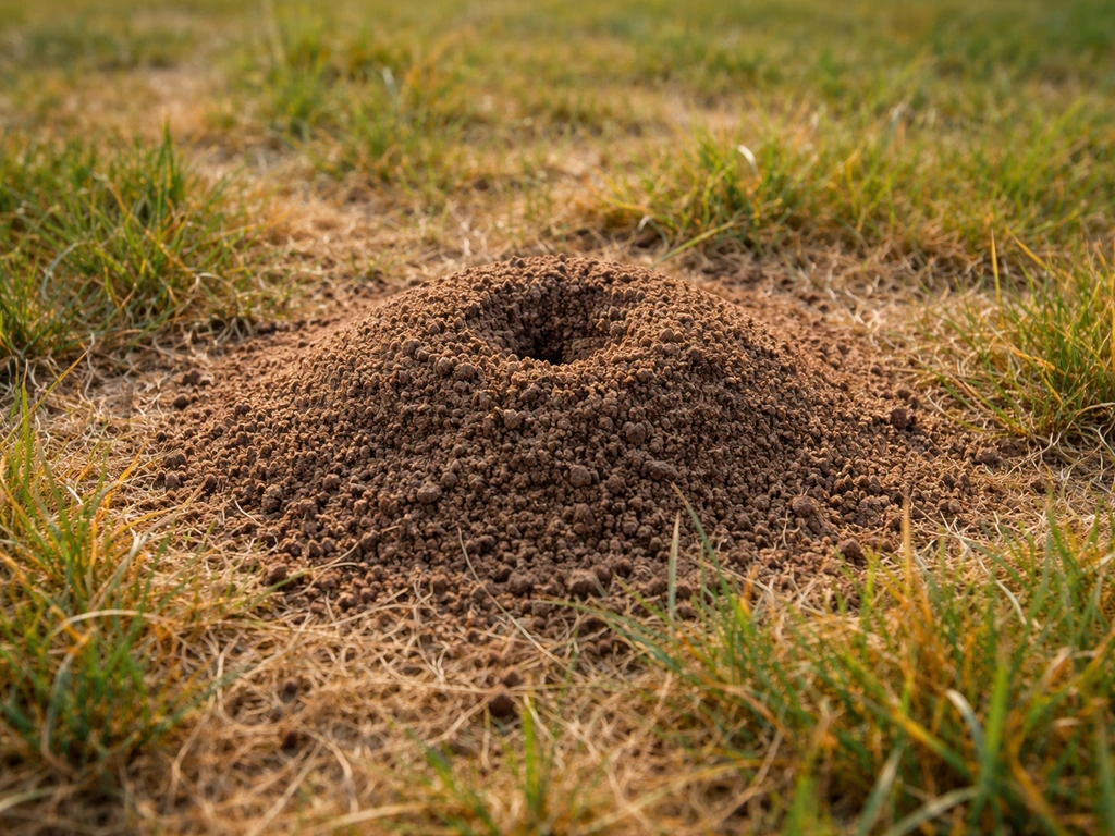 Gros plan d’une fourmilière avec herbe jaunie et clairsemée autour dans la pelouse.
