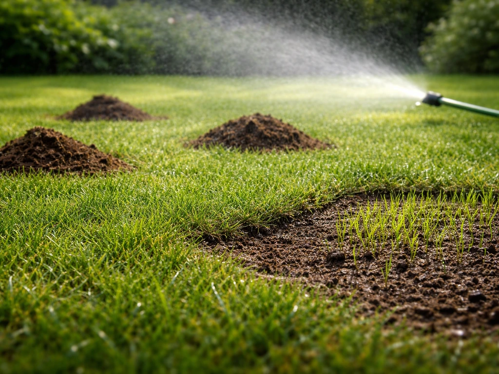 Pelouse arrosée après traitement, jeunes herbes qui repoussent sur une zone dénudée du jardin.