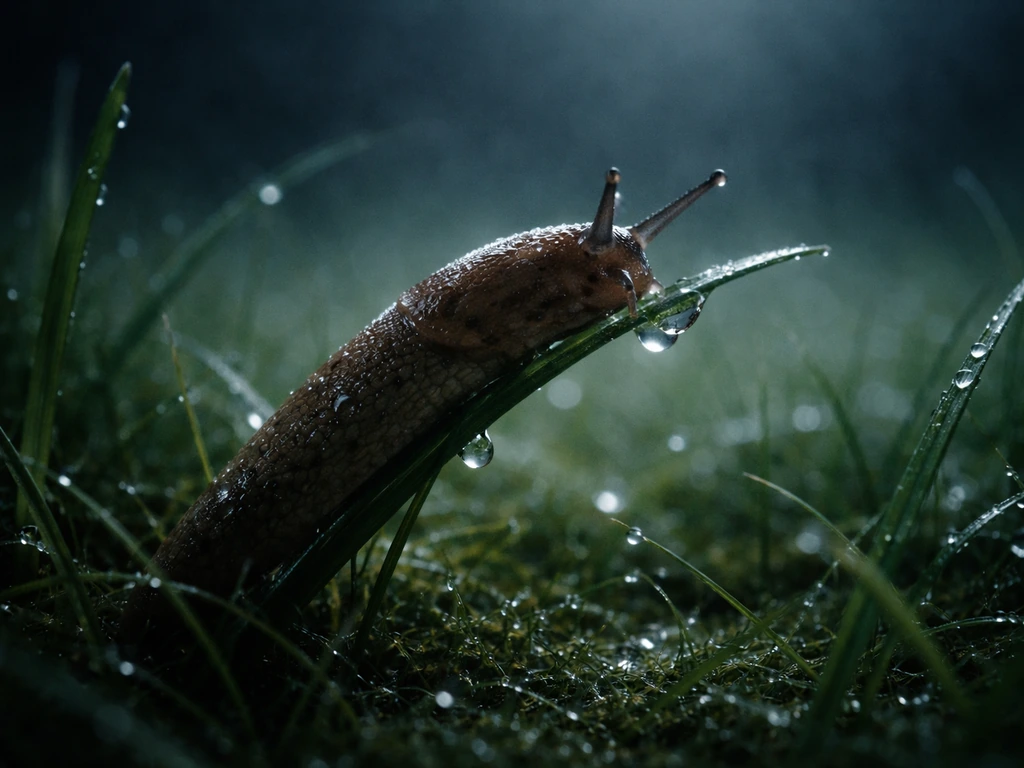 Limace humide sur un brin d’herbe, gazon brumeux nocturne avec gouttes d’eau visibles.