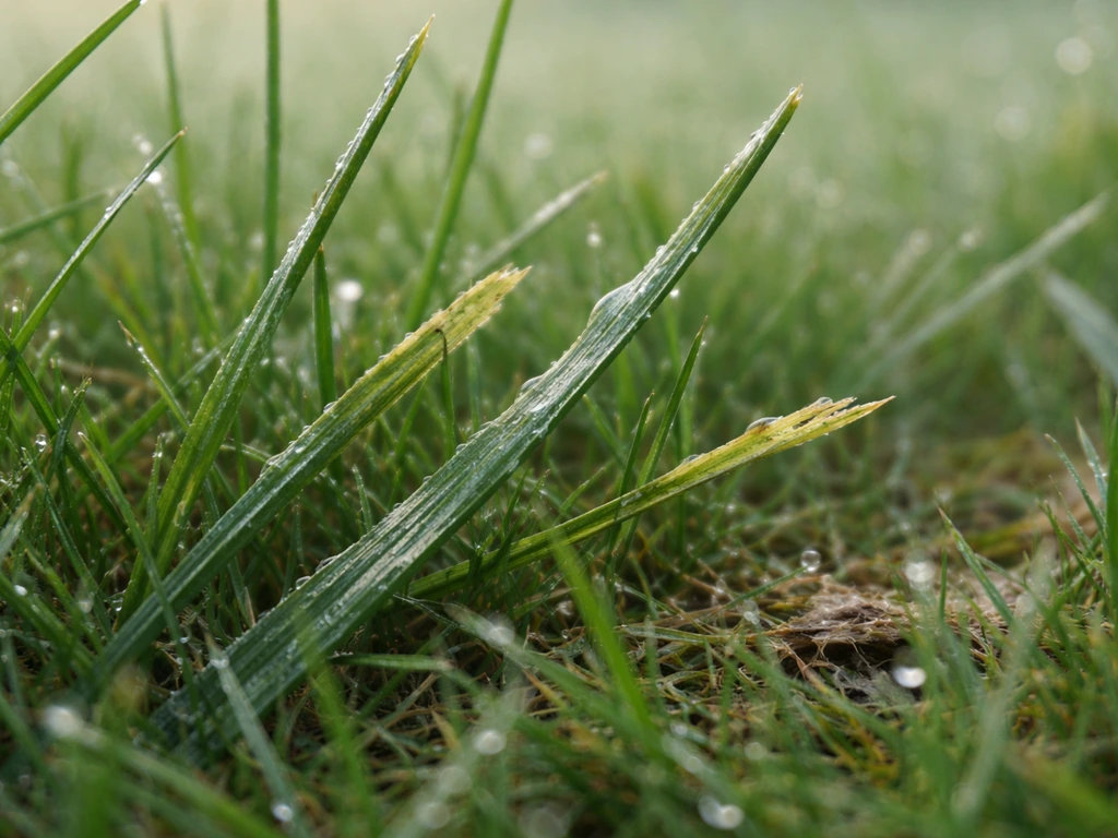 Traces de mucus séché sur des brins d’herbe, dégâts de limaces dans un gazon humide du matin
