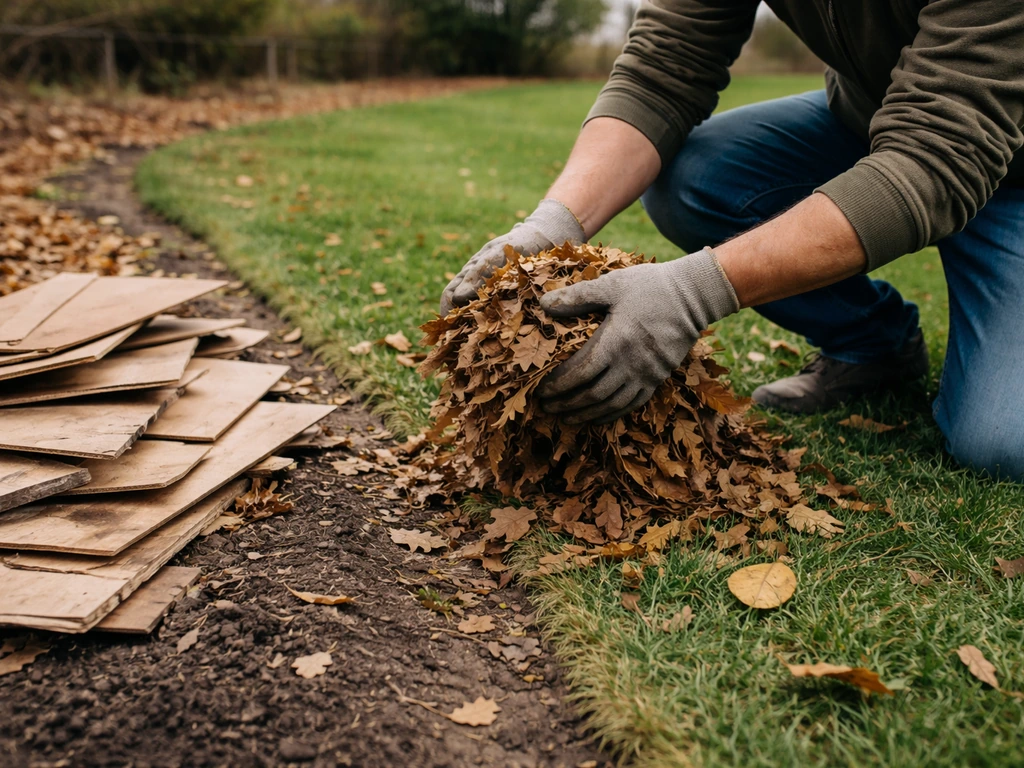 Une main ramasse des feuilles mortes au bord d’une pelouse, cartons retirés près de la clôture.