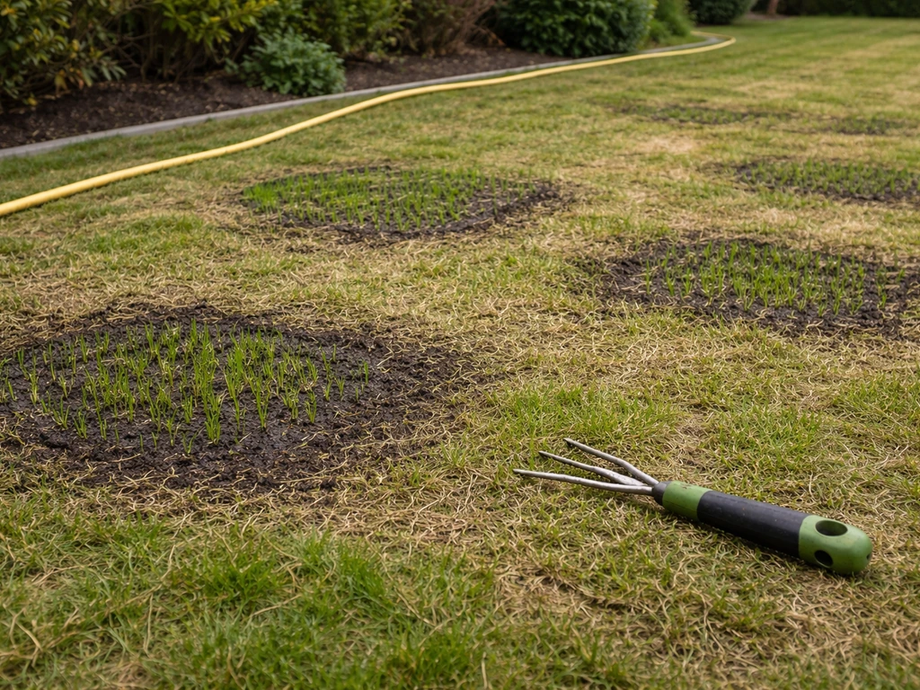 Jardin avec sol scarifié et regarnissage de gazon, tuyau d’arrosage et pelouse en cours de densification