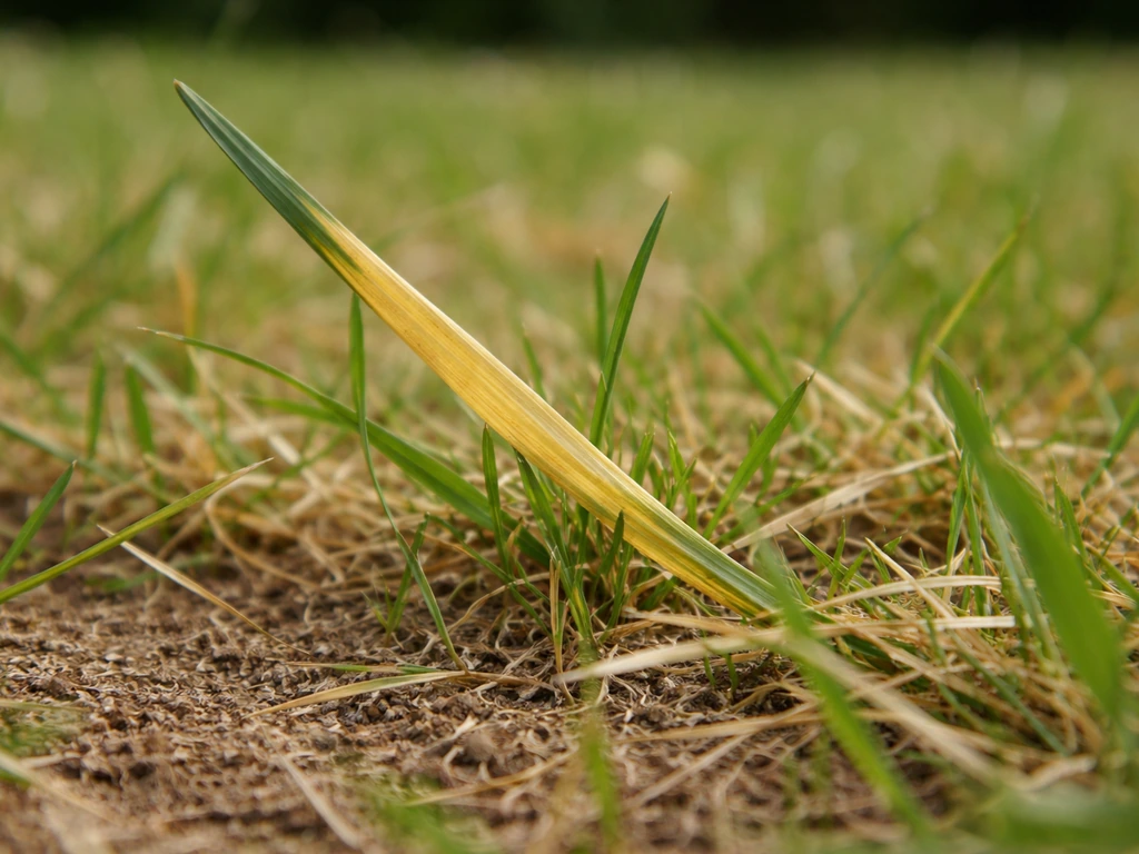 Gros plan au ras du sol : brins d’herbe passant du vert au jaune paille sur un gazon desséché.