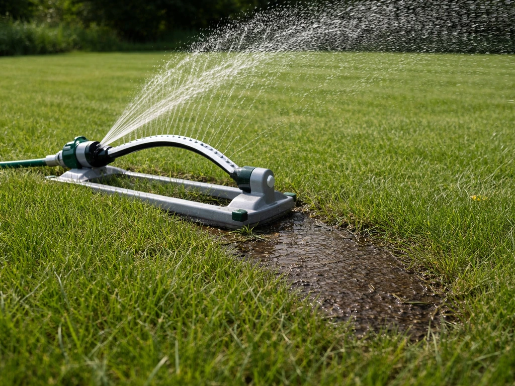 Arroseur en fonctionnement sur une pelouse verte, eau pénétrant le sol avec trace d’humidité visible.