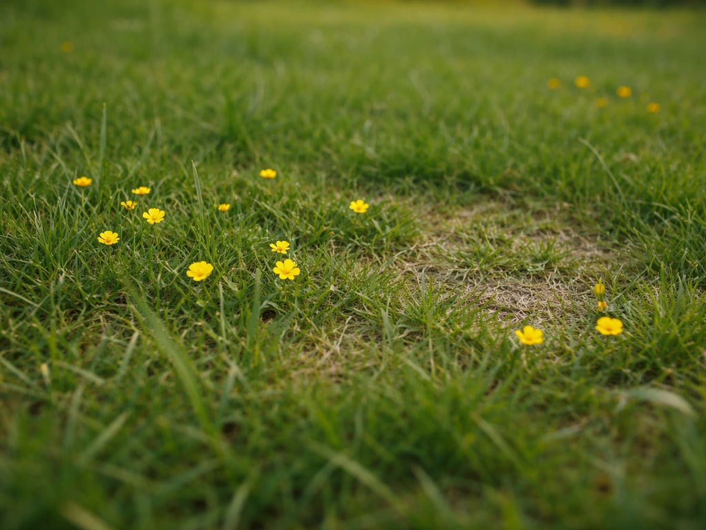 Gros plan de petites fleurs jaunes dans un gazon vert, avec une zone légèrement clairsemée.