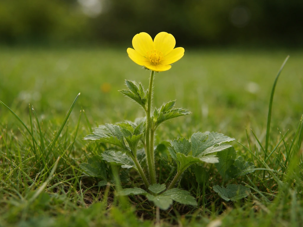 Gros plan d’une petite fleur jaune dans une pelouse, avec la plante visible (feuillage et port) pour l’observer.
