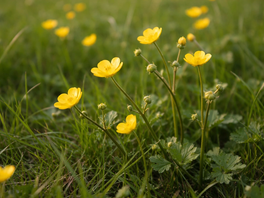 Gazon avec bouton d’or jaune vif, tiges ramifiées et fleurs brillantes en gros plan naturel.