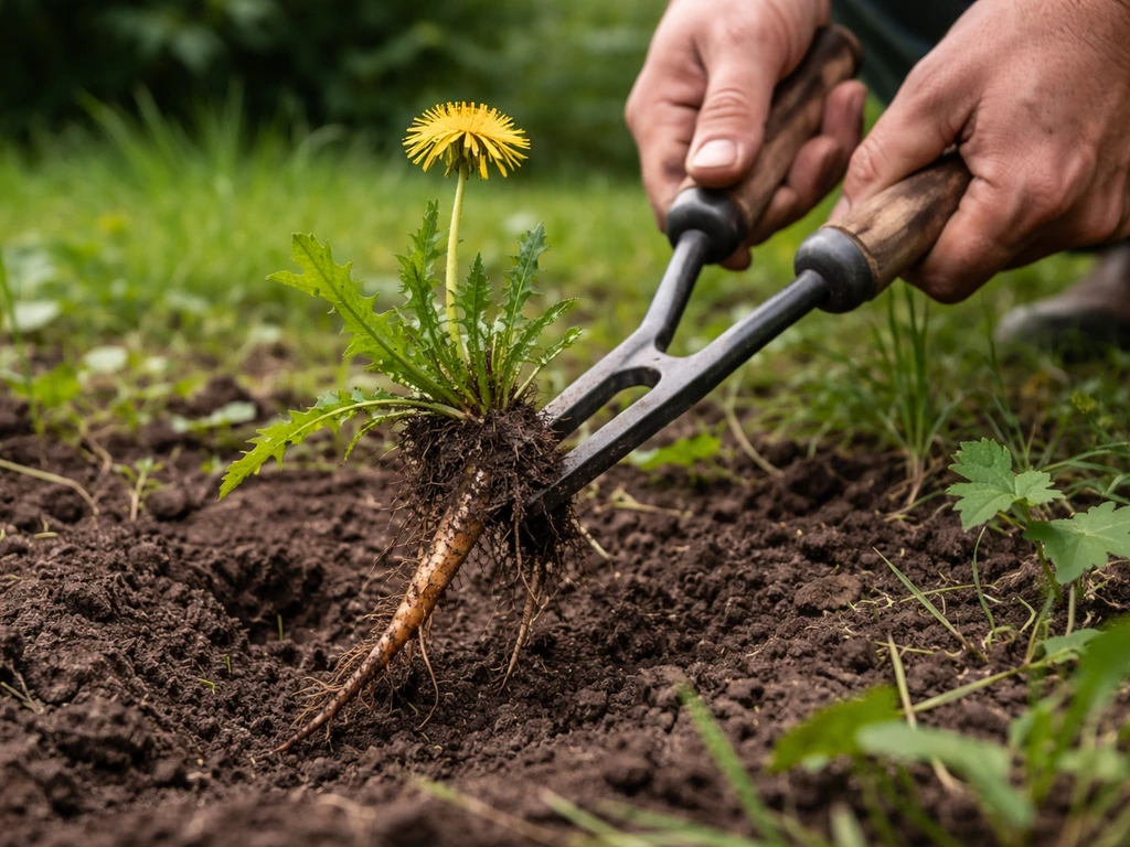 Désherbage manuel : fourche fine en V qui extrait la racine pivot d’une mauvaise herbe à fleur jaune