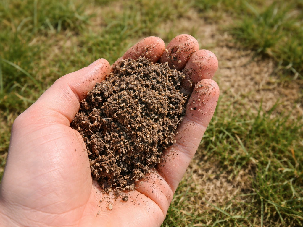 Geste de prélèvement de sol : grains de sable visibles sur une pelouse en herbe, vue rapprochée.