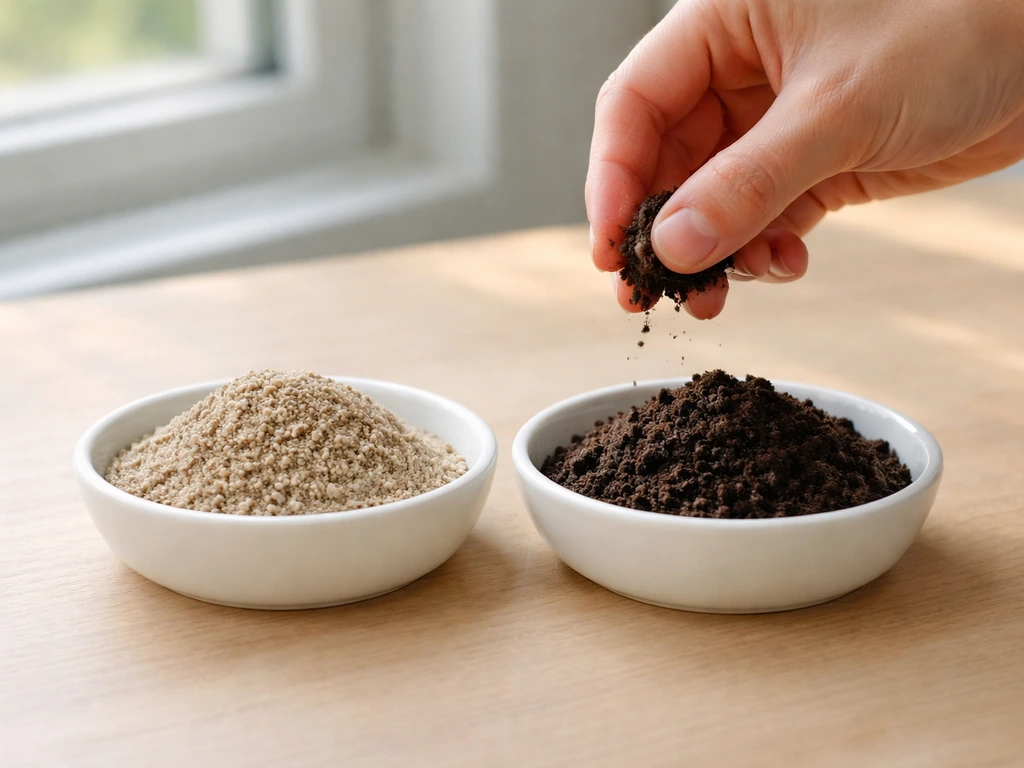 Deux échantillons côte à côte : sable rugueux et terre végétale sombre, mains tenant une pincée.