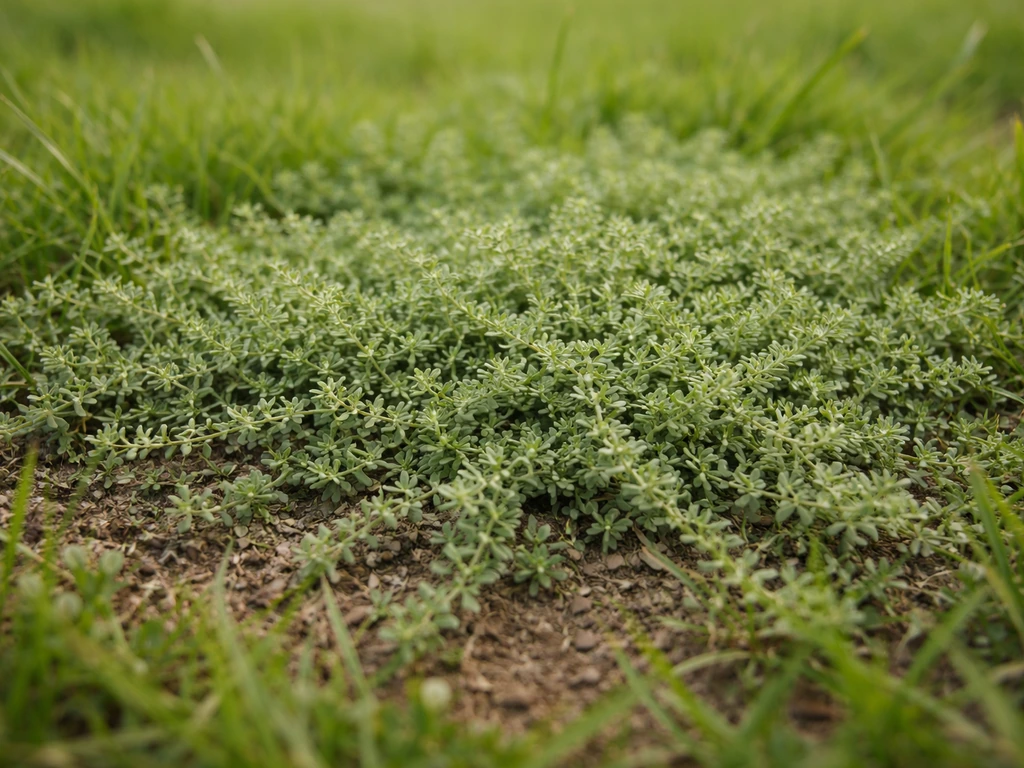 Herniaria glabra en tapis ras du sol, vert-gris, au milieu d’une pelouse, vue rapprochée