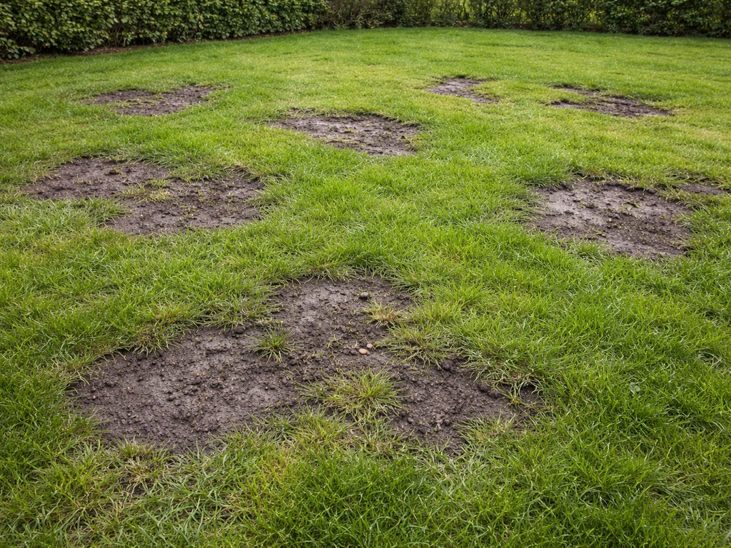 Pelouse avec plusieurs plaques de gazon manquantes par endroits, terre visible et herbe dense autour.