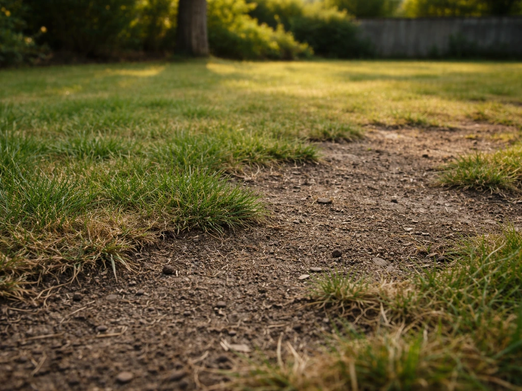 Zone de pelouse clairsemée, vue en contre-plongée : bordure irrégulière et sol aux teintes différentes.