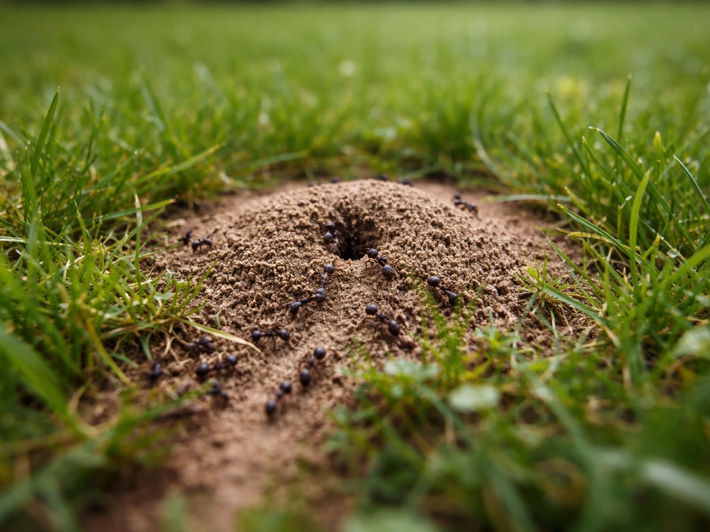 Gros plan sur un monticule de terre au milieu du gazon, avec des fourmis circulant autour.