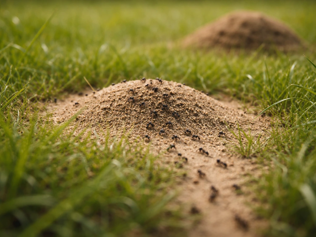 Petit monticule de terre fine dans le gazon avec des coulées de fourmis, arrière-plan flou évoquant une taupinière.