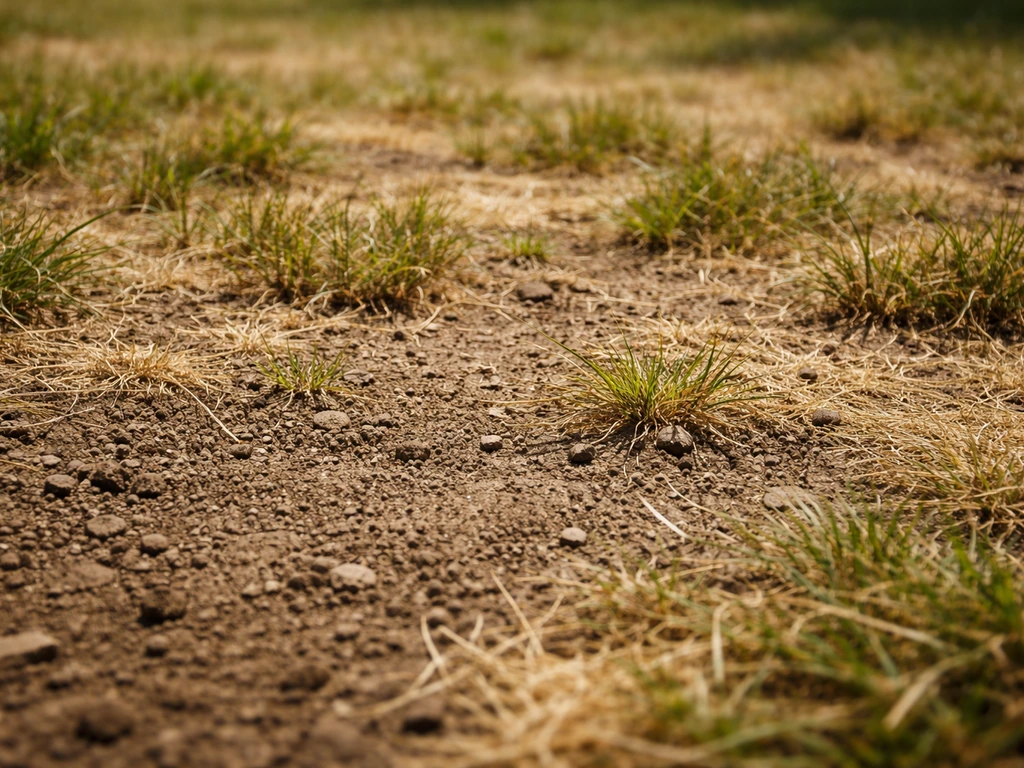 Gros plan sur une pelouse sèche et clairsemée, sol nu et compact, chaleur visible au soleil.