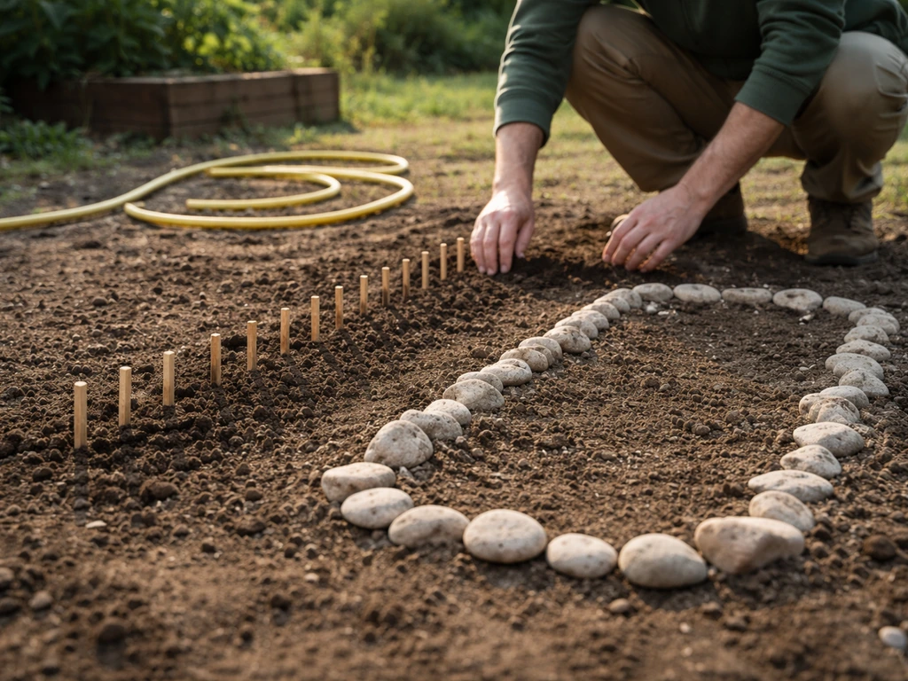 Jardin avec petits piquets et cailloux au sol, tuyau d’arrosage prêt, zones actives visibles.