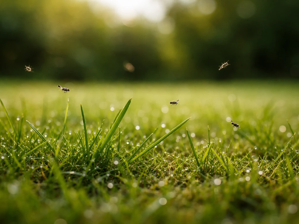 Gros plan d’un brin de pelouse avec de petites mouches discrètes au ras du sol.