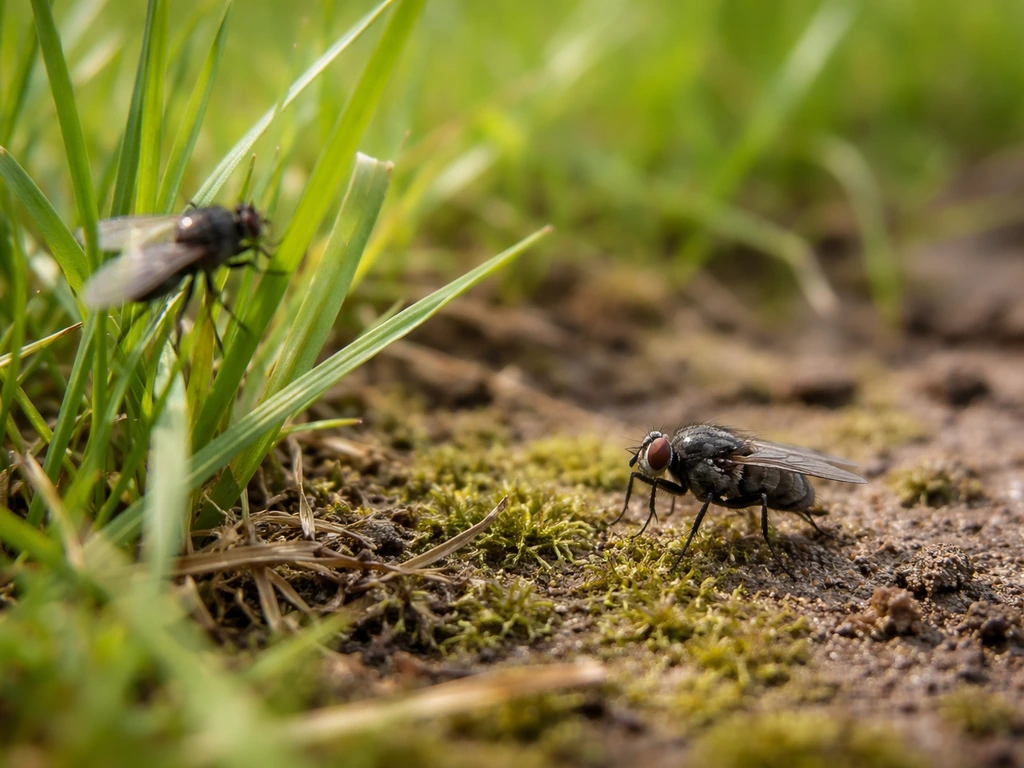 Gros plan réaliste de petites mouches du gazon, sur brins d’herbe et au sol, montrant des silhouettes différentes.