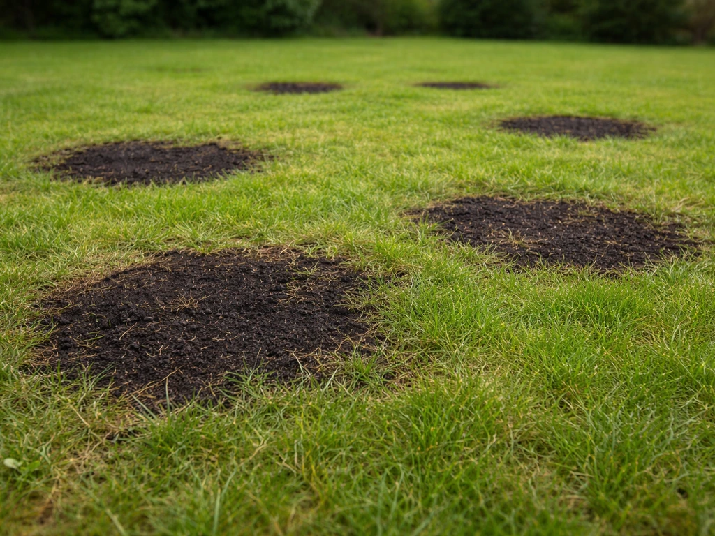 Gazon de jardin avec plusieurs taches noires bien visibles, lumière naturelle, ambiance jardin en France.
