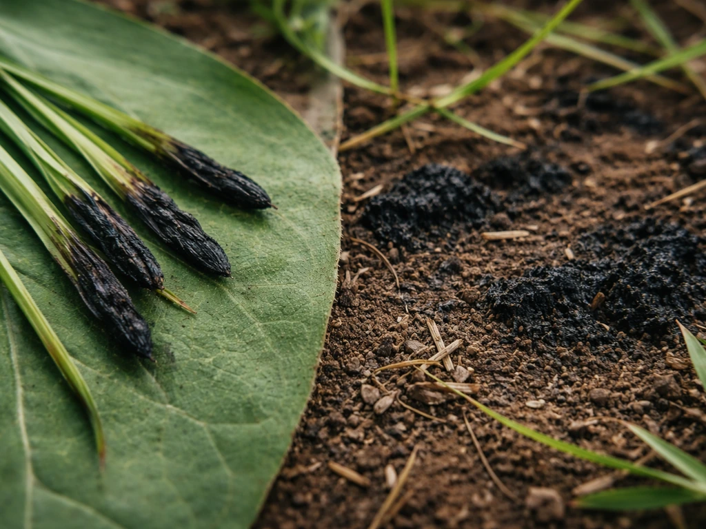 Gros plan comparatif de brins d’herbe noircis sur une feuille et de zones sombres sur le sol, repères visuels nets.