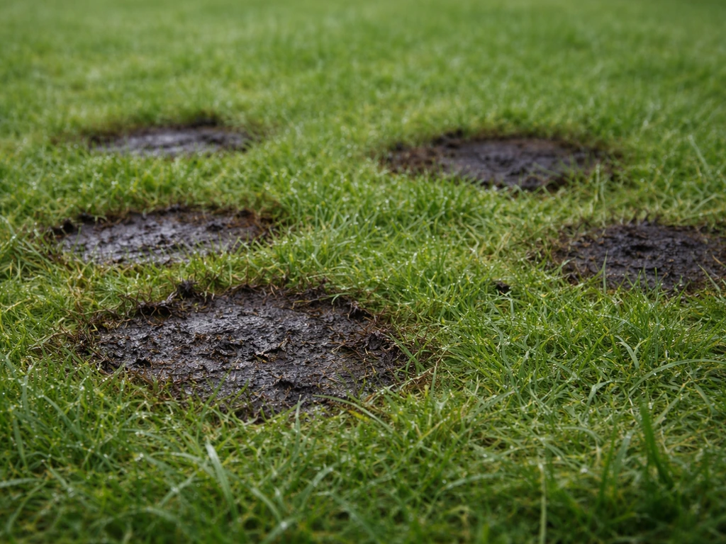 Gazon montrant des taches graisseuses brun-noir et un léger contour sur sol humide, après fortes pluies.
