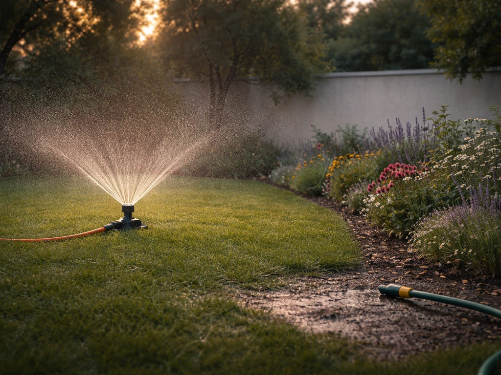 Arroseur de jardin en soirée, pelouse humide, ambiance de chaleur humide propice aux problèmes.