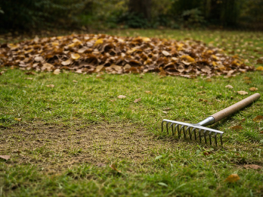 Pelouse d’automne : une zone nettoyée au premier plan, le reste couvert de feuilles mortes.