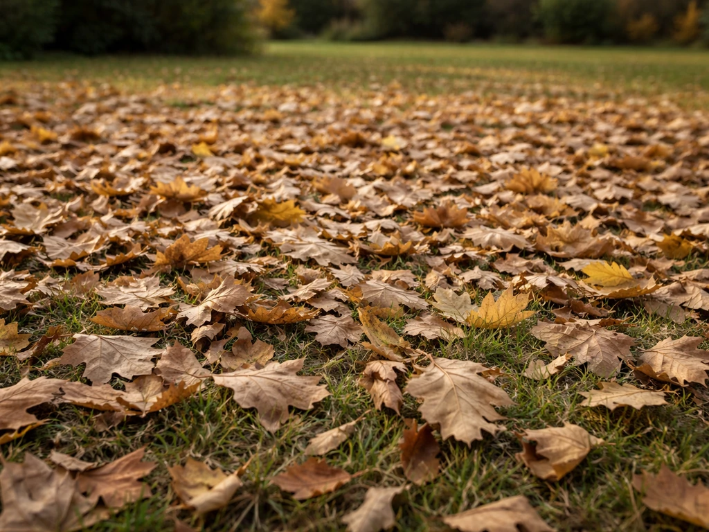 Pelouse avec une couche de feuilles mortes clairement visibles, laissant voir l’épaisseur sur l’herbe.