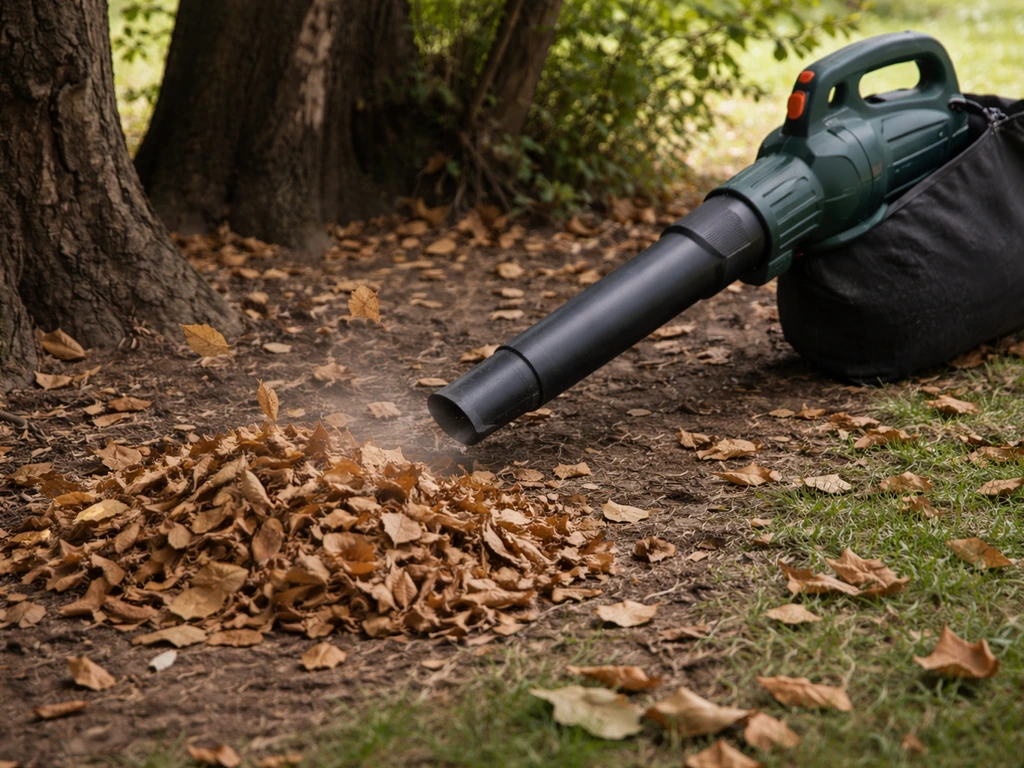 Souffleur-aspirateur de jardin sous des arbres, feuilles rassemblées puis aspirées dans un recoin.