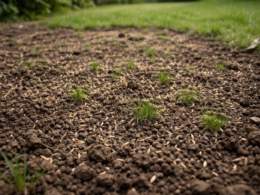 Gazon regarni de près : terreau léger et graines visibles en surface, petites pousses émergentes.