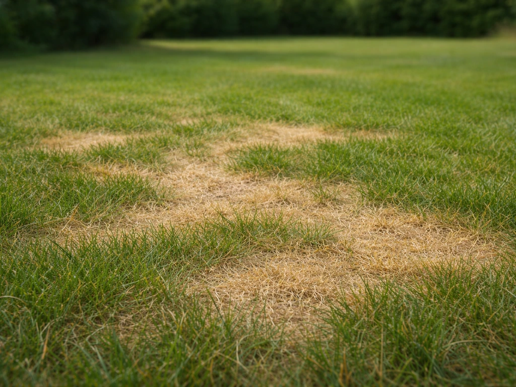 Pelouse d’été en France avec plaques de jaunissement, sol visible par endroits, pour illustrer le diagnostic du gazon