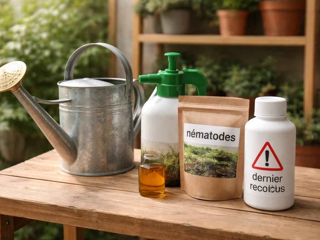 Arrosoir et pulvérisateur près de deux pots, l’un pour des nématodes, l’autre avec produit à éviter.
