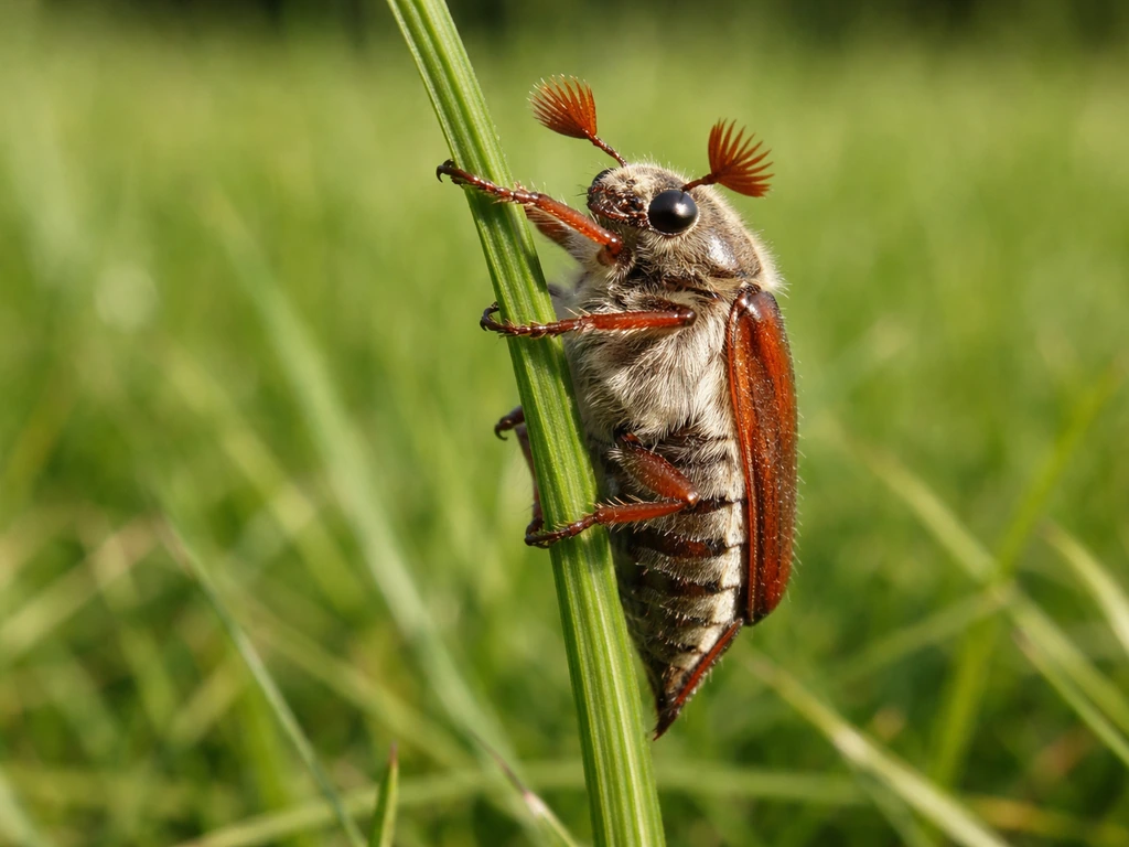 Plan rapproché d’un hanneton adulte brun-rouge sur une tige d’herbe, antennes en éventail visibles.