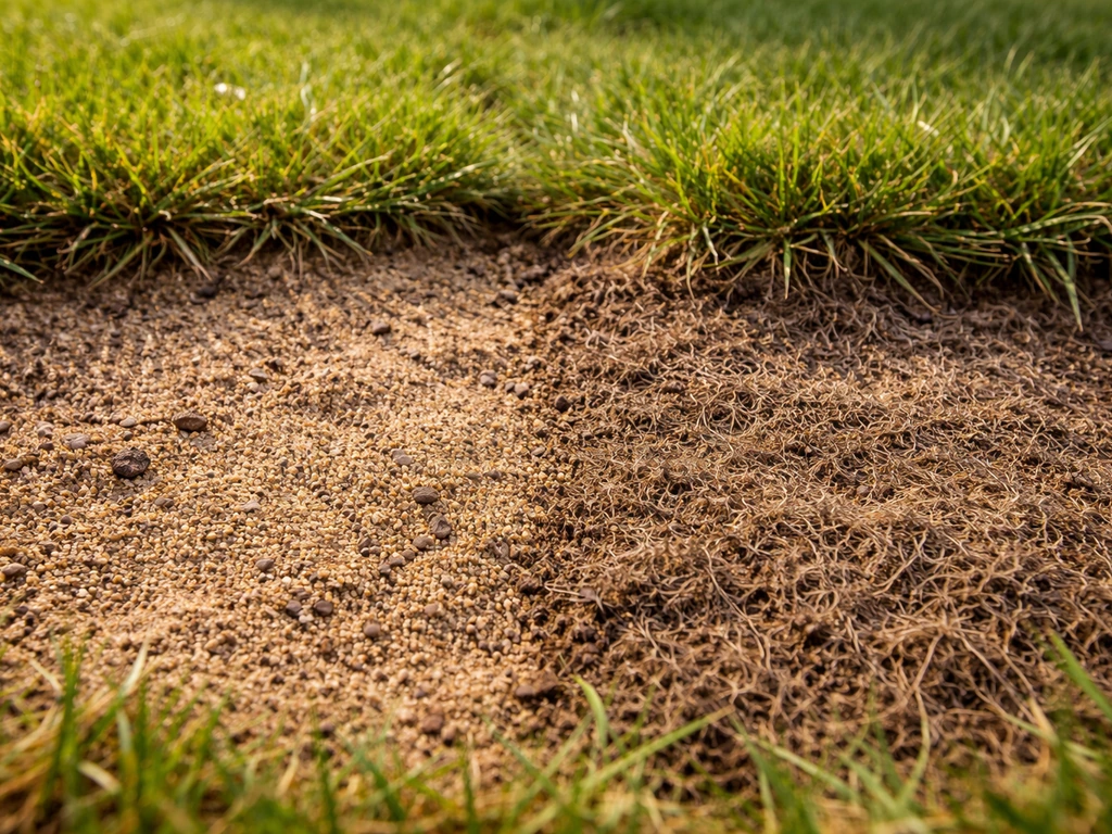 Gros plan sur une pelouse et un sol de jardin chaud, sableux et bien drainé, montrant une texture différente de feutrage