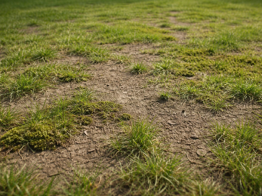 Pelouse clairsemée avec zones nues et mousse visible, vue au sol pour diagnostiquer le problème