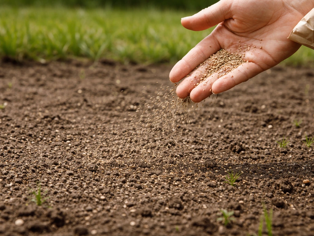 Main épandant des graines de fétuque sur une zone de sol préparée, rendu homogène à la surface.