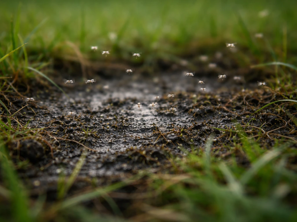 Plan au ras du gazon, de minuscules mouches et moucherons près d’une terre humide et du feutre