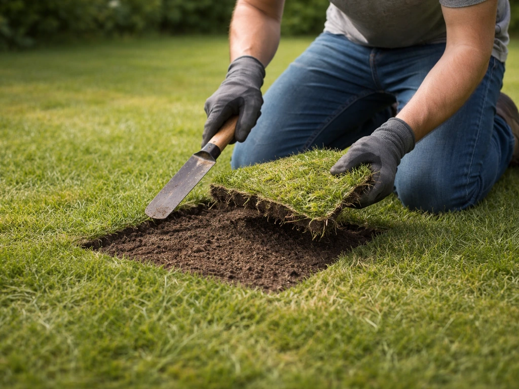 Jardinier soulève des mottes de gazon sur un carré de 30x30 cm pour repérer des larves et plaques irrégulières.