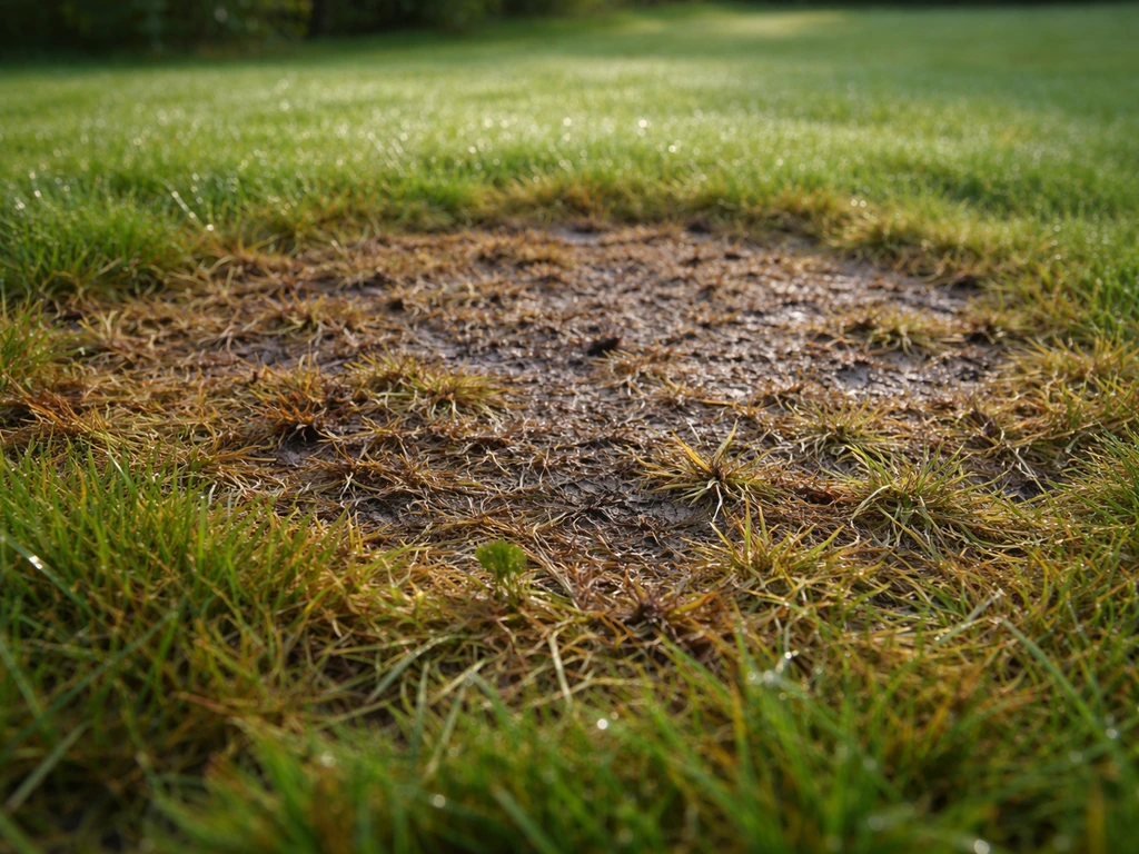 Pelouse atteinte de pythium : plaques nécrosées brunies qui s’étendent, aspect humide et flétrissement matinal.