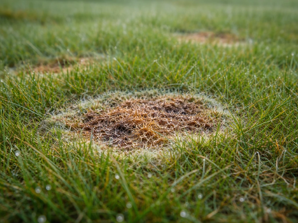 Gazon touché par le pythium : taches brunes irrégulières avec anneau et flétrissement visible au petit matin.