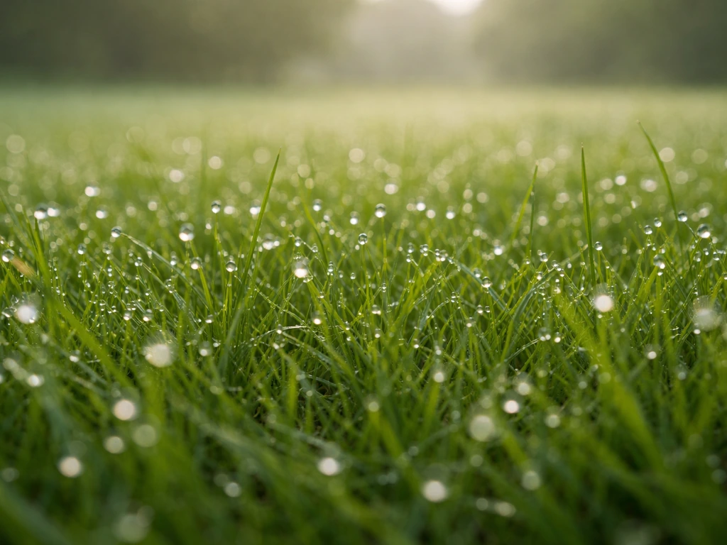 Pelouse au petit matin avec rosée sur les brins d’herbe, ambiance chaude et humide.