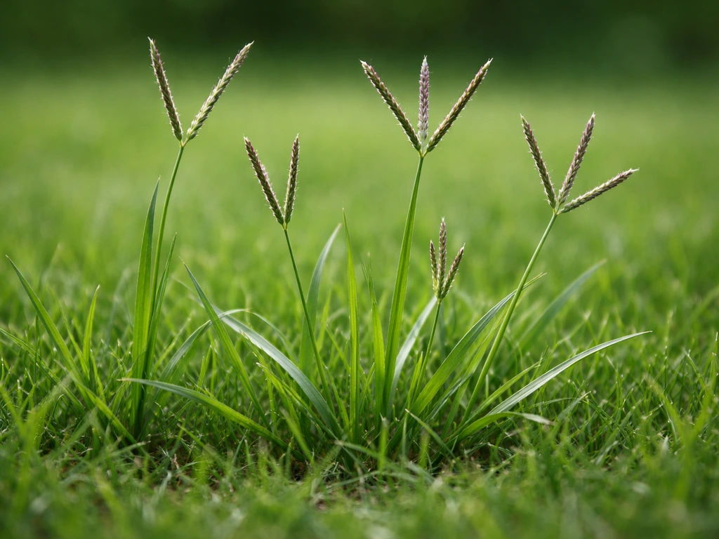 Gros plan d’un gazon avec tiges et inflorescences fines de digitaire, feuilles étroites visibles.