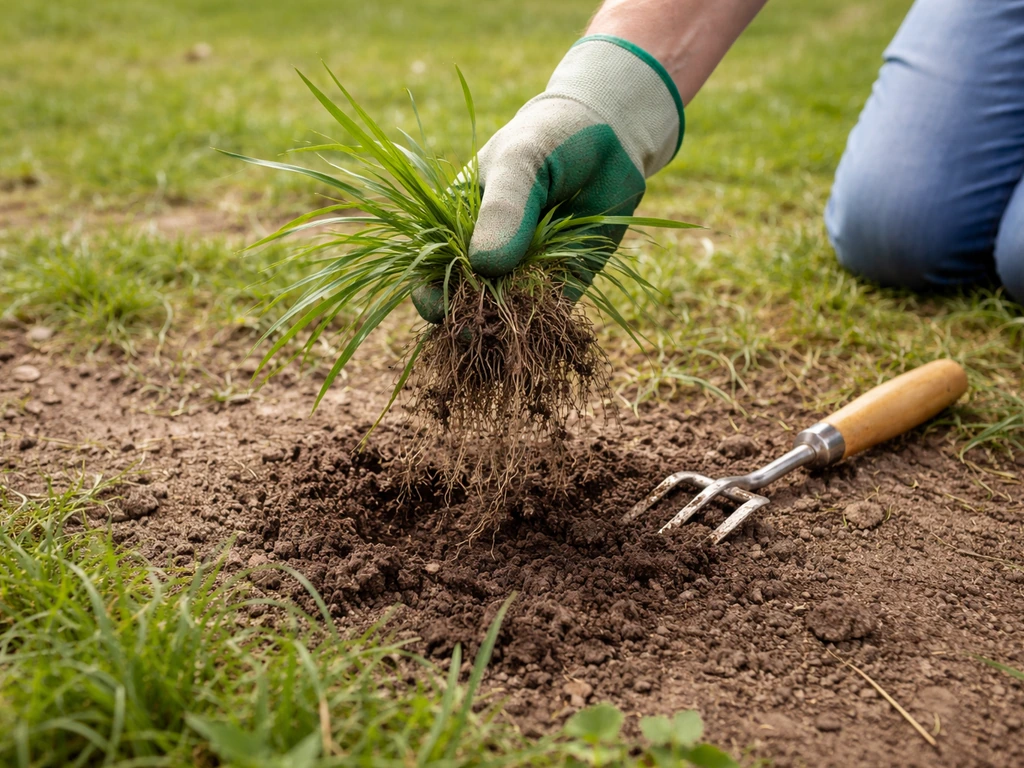 Jardinier désherbant à la main des touffes de digitaire, gants et petit outil, avant la montée à graines.