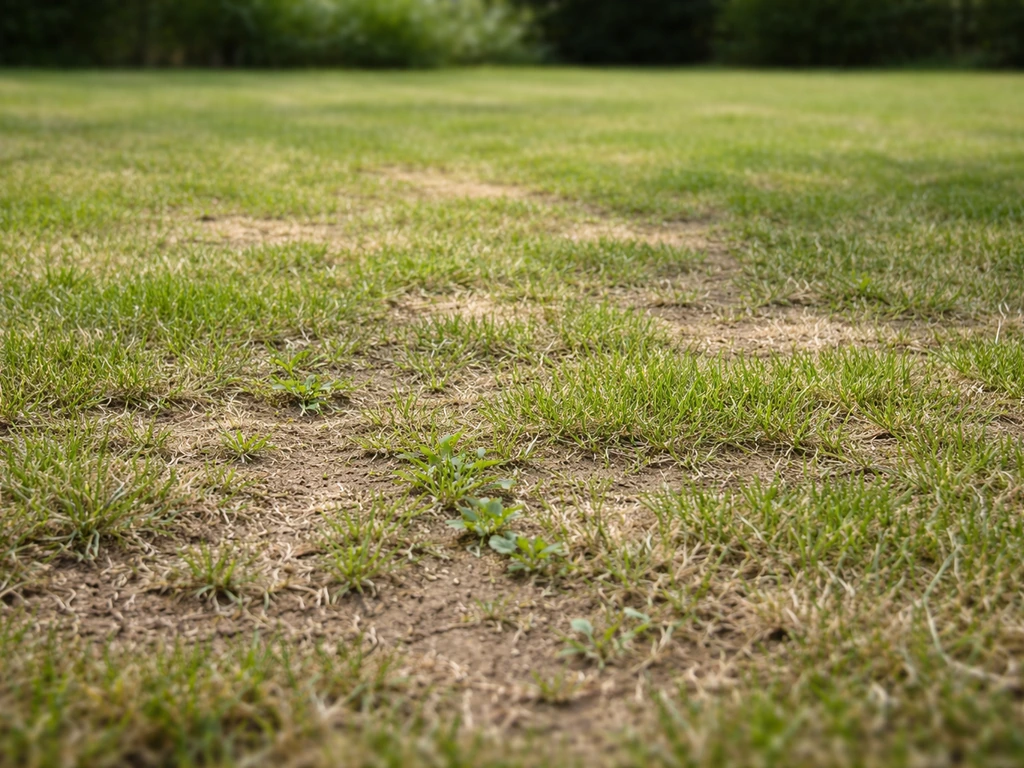 Gazon tondu trop court avec des zones éclaircies laissant voir la lumière et le sol