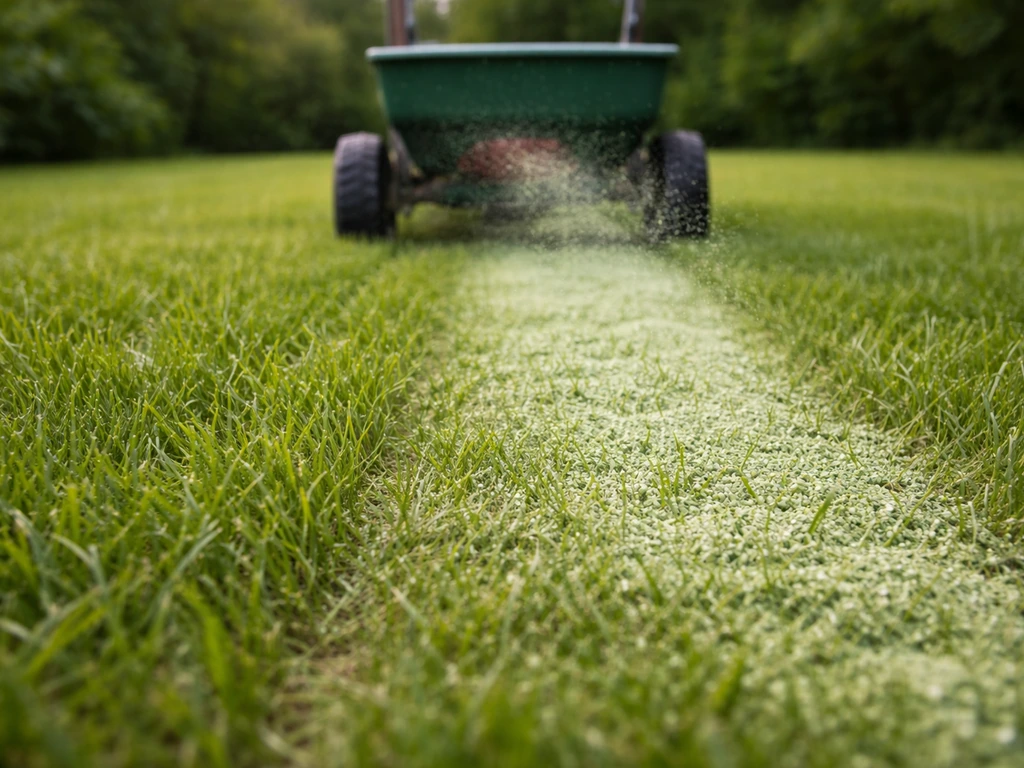 Un épandeur d’engrais répand une poudre verte sur une pelouse, vue rapprochée pour suggérer une densité améliorée.